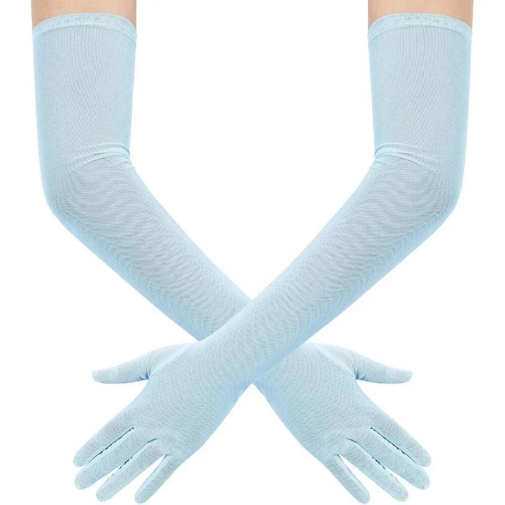 Women's Tulle Light Blue Long Stretchy Gloves Halloween Party Wedding Costume